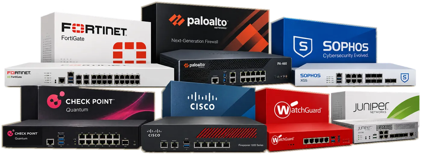 ไฟร์วอลล์สำหรับองค์กรจาก 7 แบรนด์ชั้นนำ — Fortinet FortiGate, Palo Alto Networks, Sophos XGS, Check Point Quantum, Cisco Firepower, WatchGuard และ Juniper — พร้อมจำหน่ายและติดตั้งโดย Champion One IT Solution