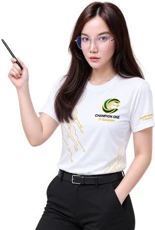 พนักงาน Champion One IT Solution ในเสื้อยูนิฟอร์มบริษัท ชี้ไม้ไปที่โลโก้แบรนด์พันธมิตร