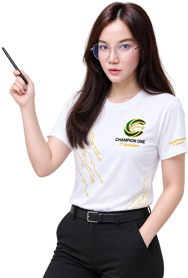 พนักงาน Champion One IT Solution ในเสื้อยูนิฟอร์มบริษัท ชี้ไม้ไปที่โลโก้แบรนด์พันธมิตร