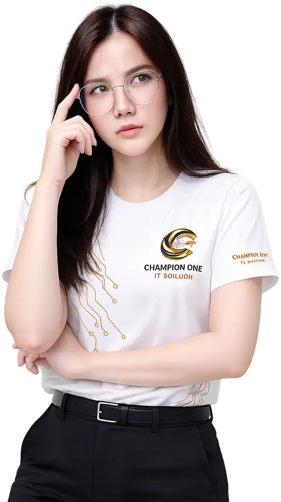 พนักงาน Champion One IT Solution ในท่าครุ่นคิด สื่อถึงคำถามว่าทำไมต้องเลือก Champion One